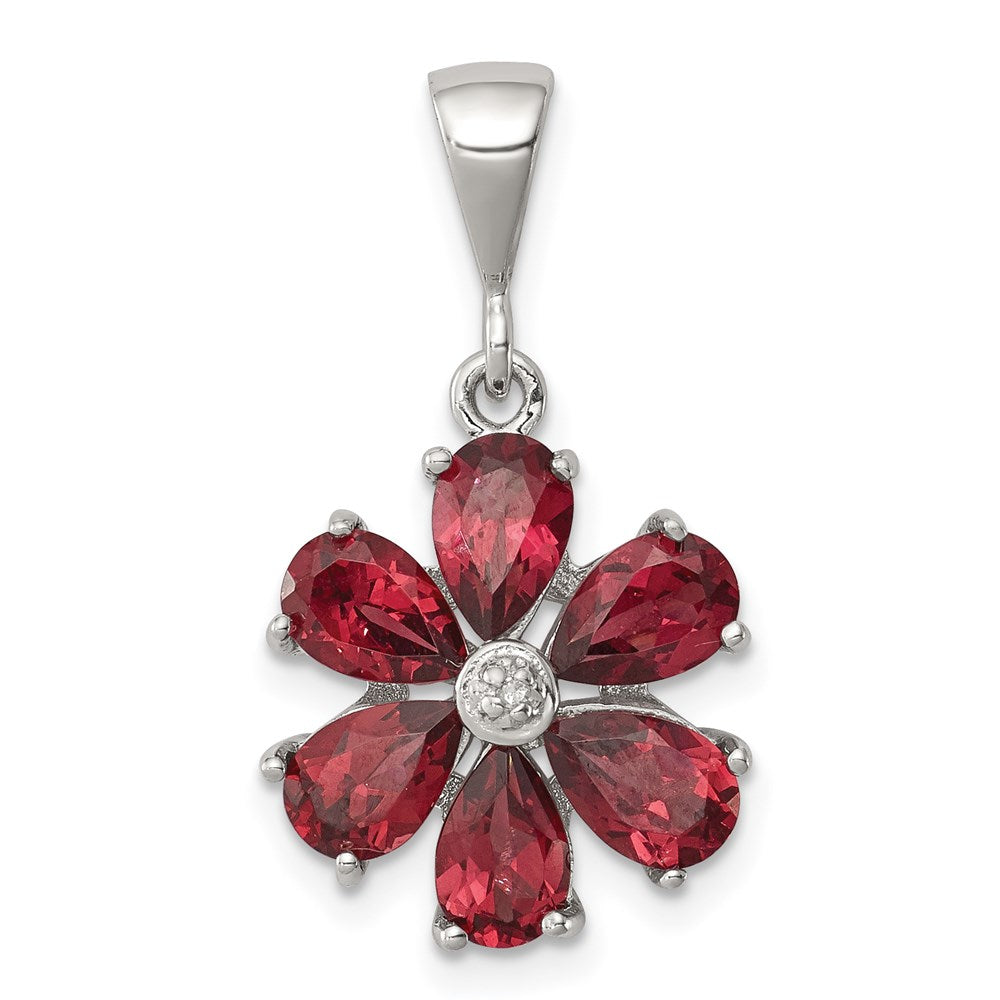 Image of ID 1 Sterling Silver Rhodium Garnet & Diamond Flower Pendant