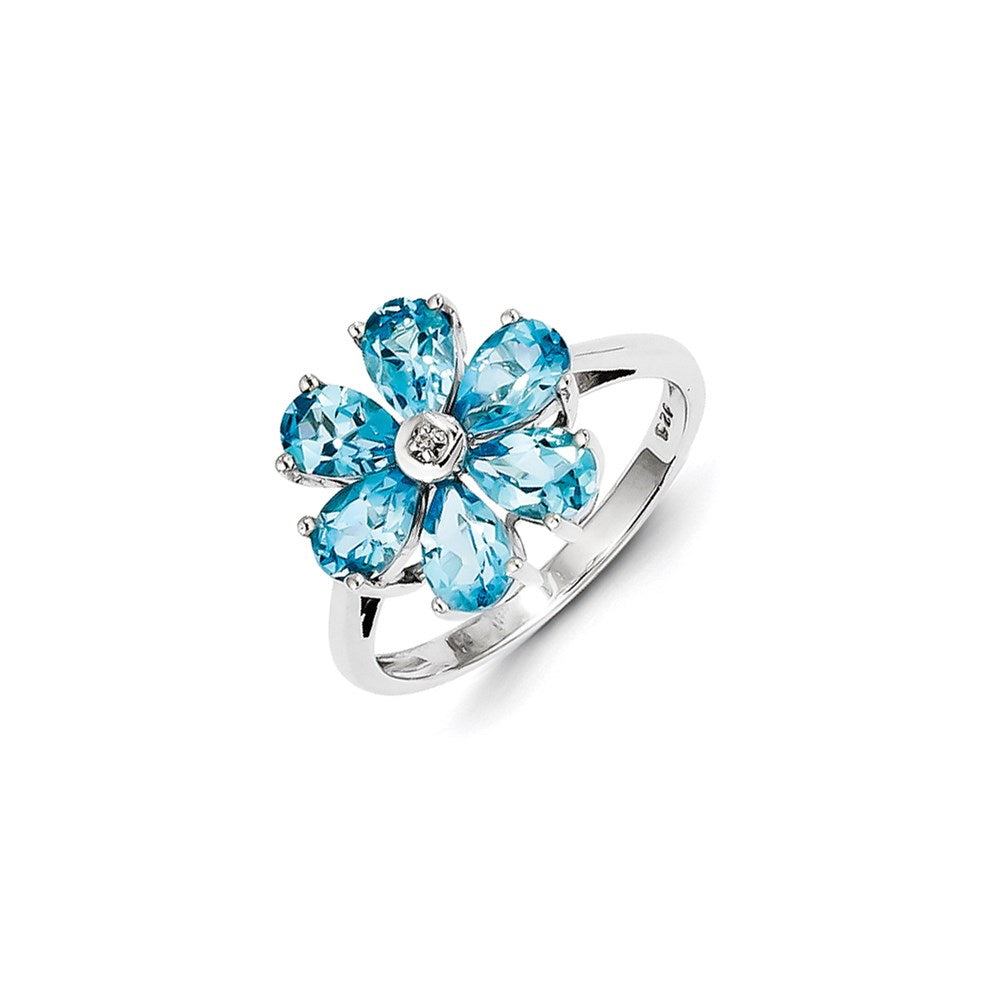 Image of ID 1 Sterling Silver Rhodium Lt Swiss Blue Topaz & Diamond Flower Ring