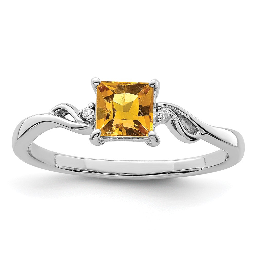 Image of ID 1 Sterling Silver Rhodium Plated Diamond & Citrine Square Ring