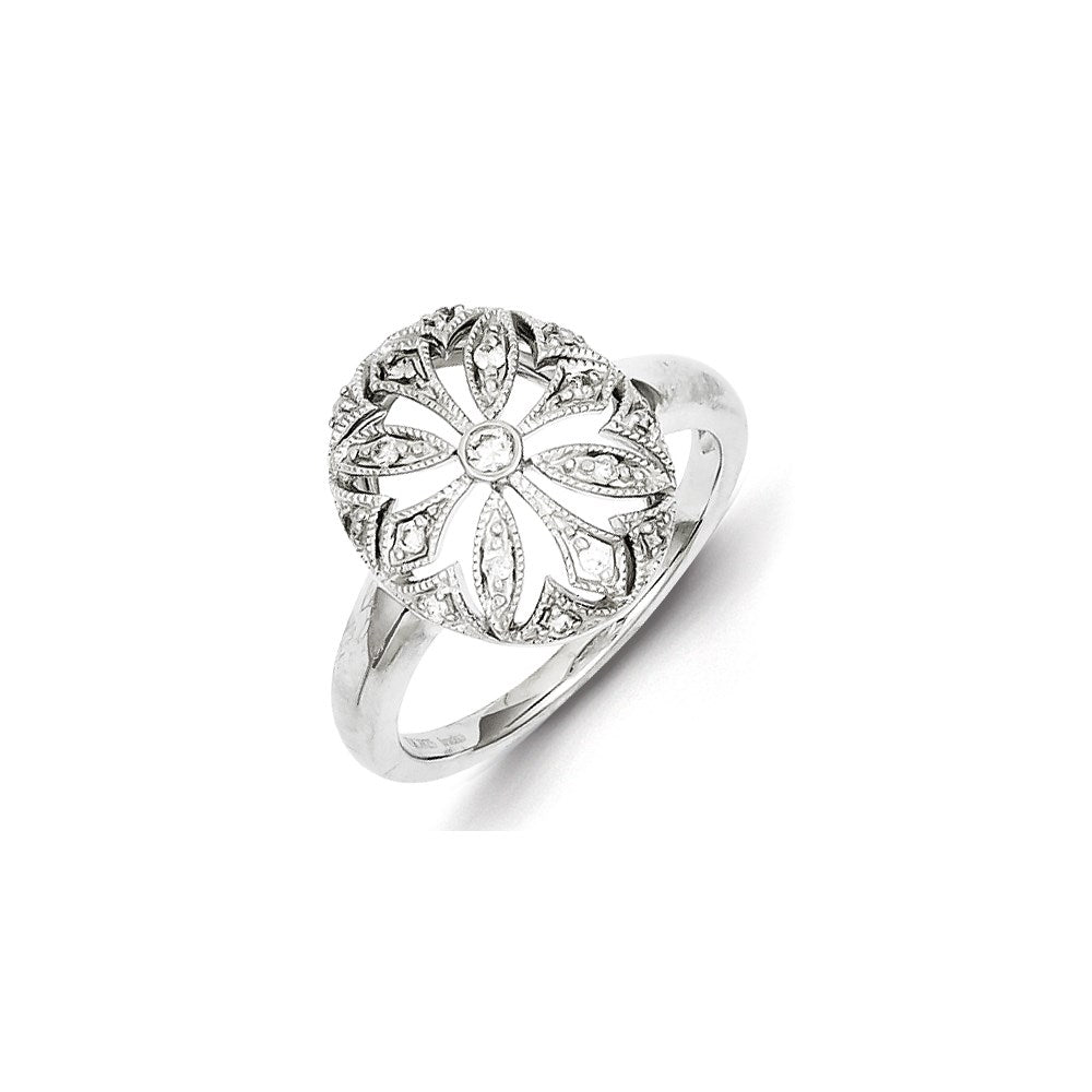 Image of ID 1 Sterling Silver Rhodium Plated Diamond Flower in Oval Ring