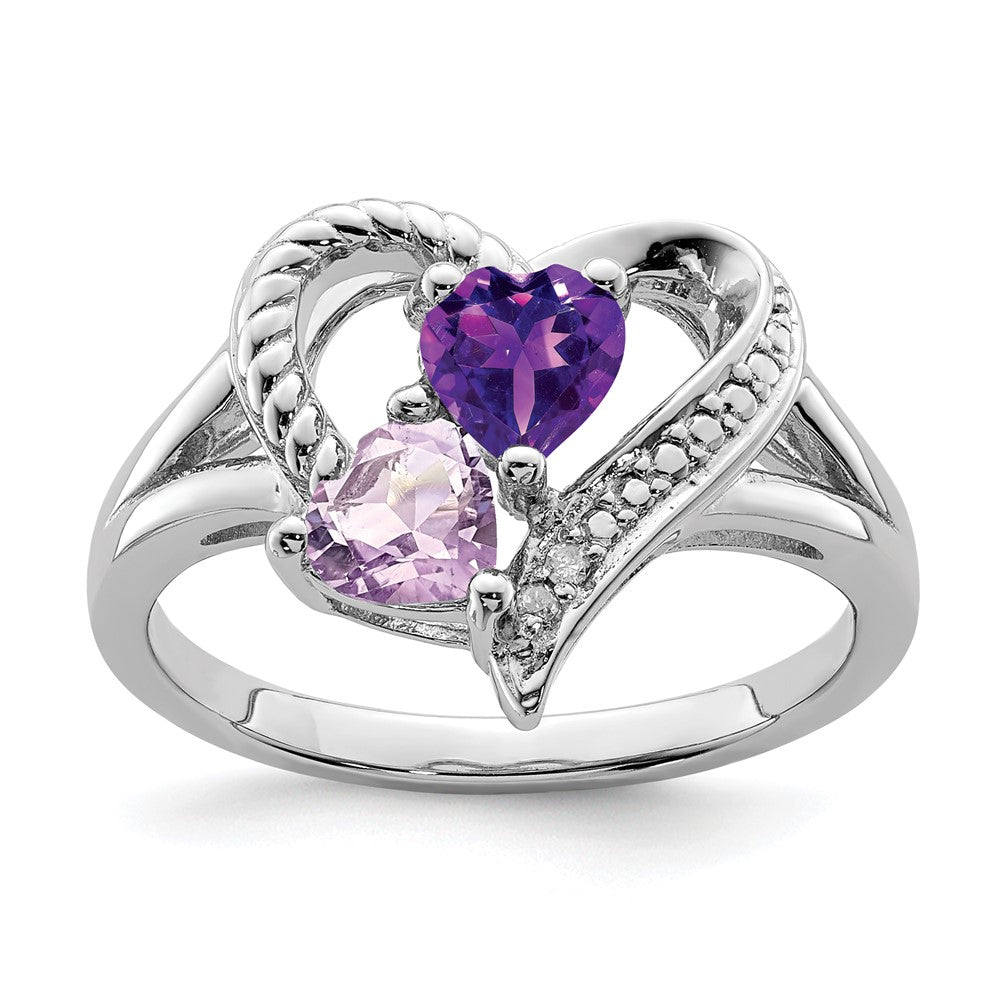 Image of ID 1 Sterling Silver Rhodium-plated Amethyst & Pink Quartz & Diamond Ring