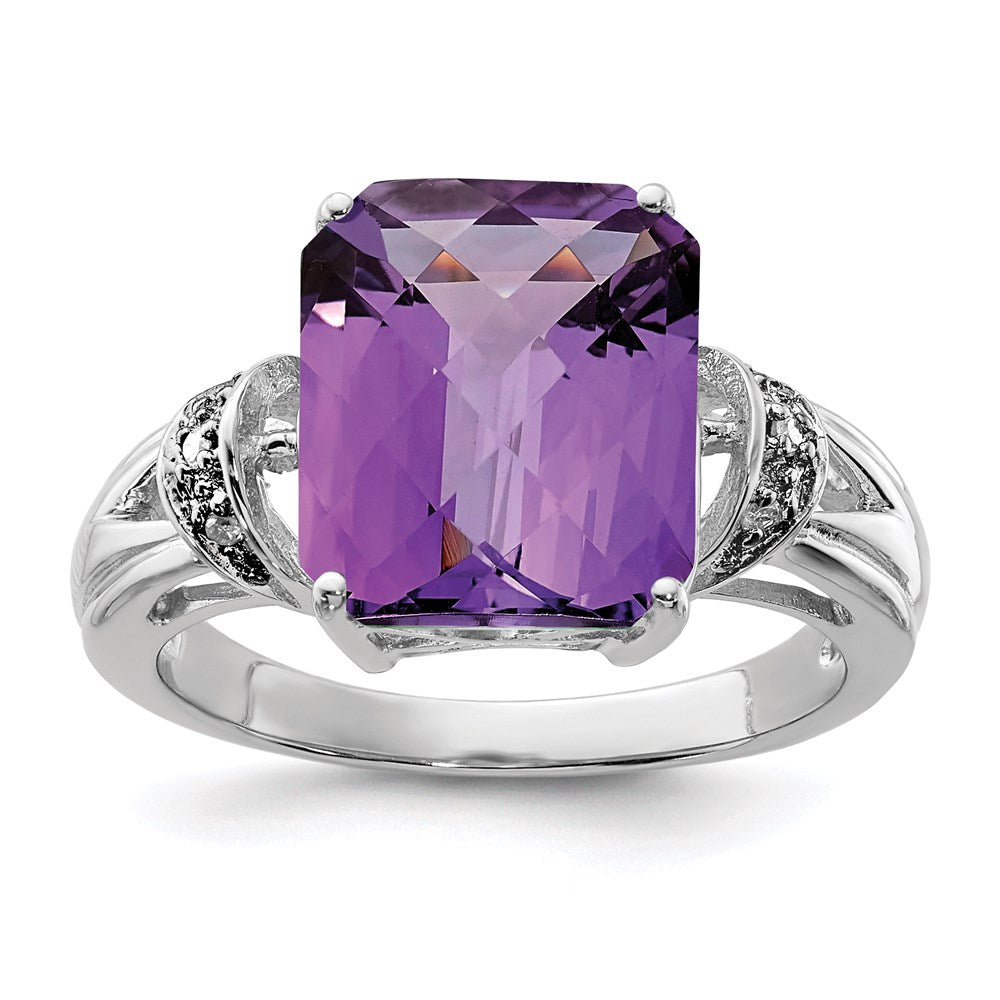 Image of ID 1 Sterling Silver Rhodium-plated Checker-Cut Amethyst & Diamond Ring