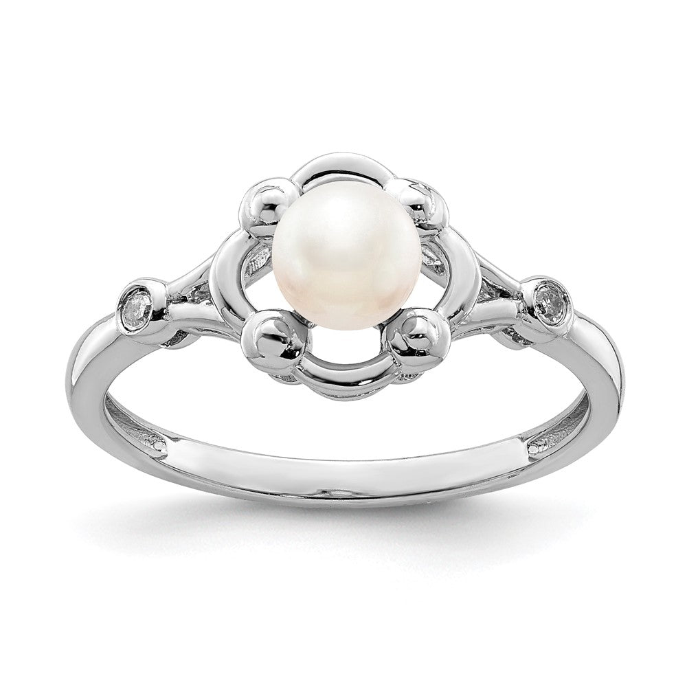 Image of ID 1 Sterling Silver Rhodium-plated FW Cultured Pearl & Diamond Ring