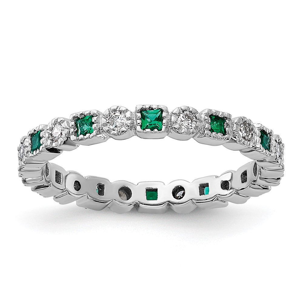 Image of ID 1 Sterling Silver Stack Exp Polished Created Emerald & Diamond Ring