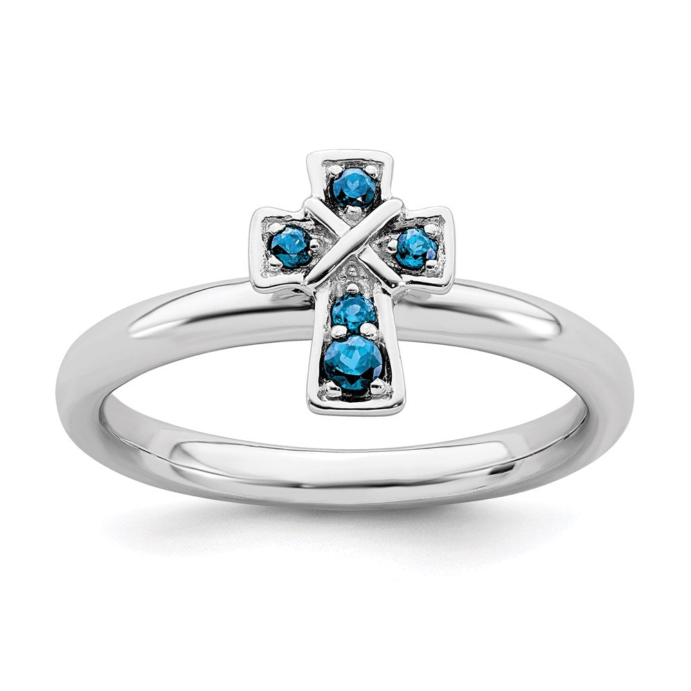 Image of ID 1 Sterling Silver Stackable Expressions Rhodium Blue Topaz Cross Ring