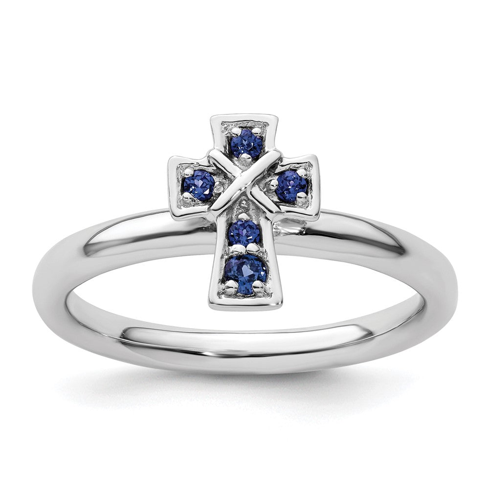 Image of ID 1 Sterling Silver Stackable Expressions Rhodium Created Sapphire Cross Ring