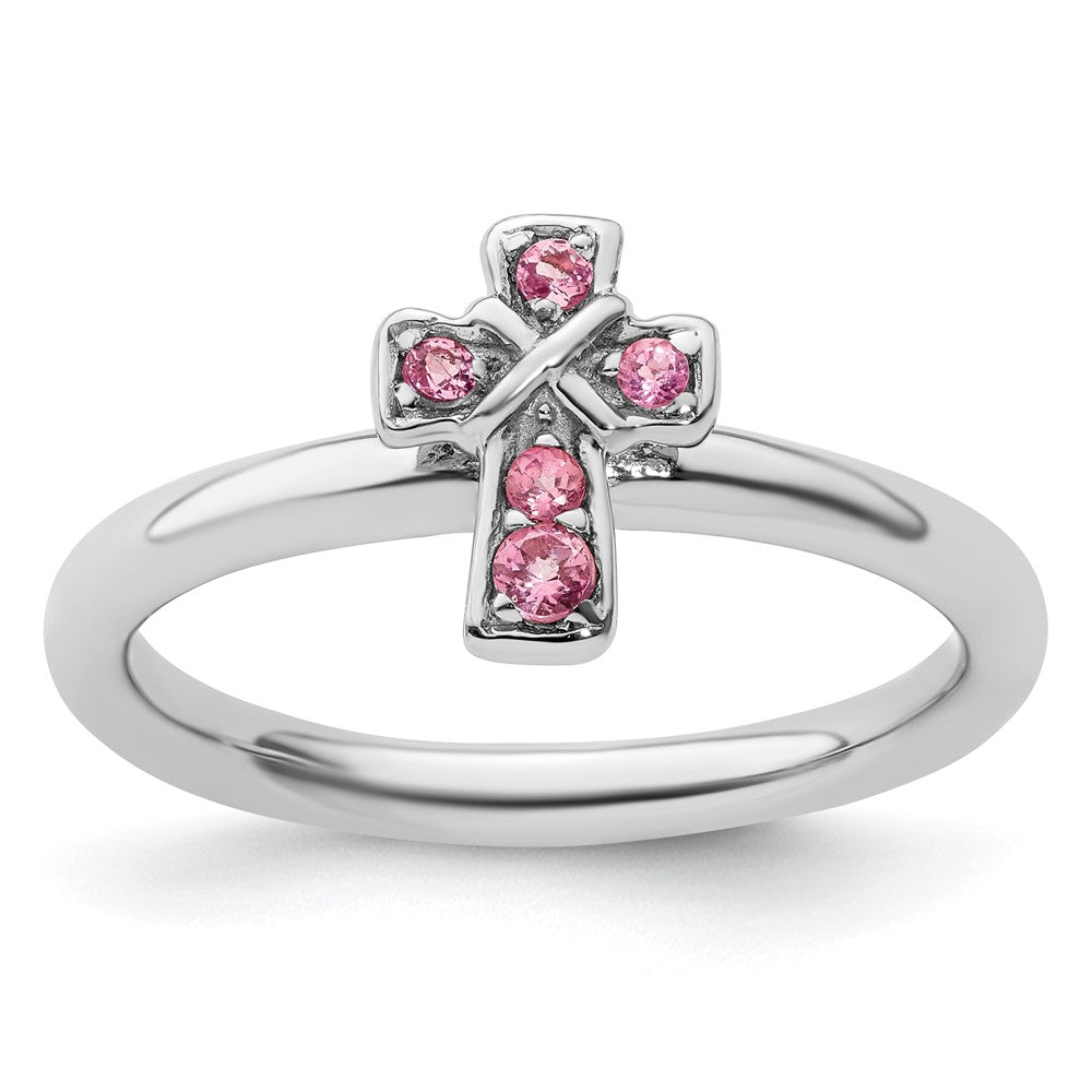 Image of ID 1 Sterling Silver Stackable Expressions Rhodium Pink Tourmaline Cross Ring