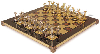 Image of ID 1202625622 The Giants Battle Theme Chess Set with Brass & Nickel Pieces - Red Board