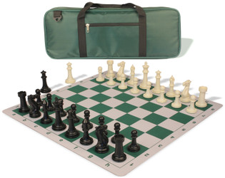 Image of ID 1223059386 Executive Deluxe Carry-All Plastic Chess Set Black & Ivory Pieces with Lightweight  Floppy Board & Bag - Green