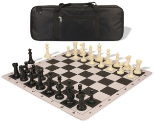 Image of ID 1223059387 Executive Deluxe Carry-All Plastic Chess Set Black & Ivory Pieces with Lightweight Floppy Board & Bag - Black