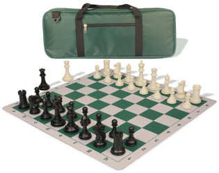 Image of ID 1223059447 Conqueror Deluxe Carry-All Plastic Chess Set Black & Ivory Pieces with Lightweight Floppy Board - Green