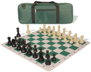 Image of ID 1223059450 German Knight Deluxe Carry-All Plastic Chess Set Black & Aged Ivory Pieces with Lightweight Floppy Board - Green