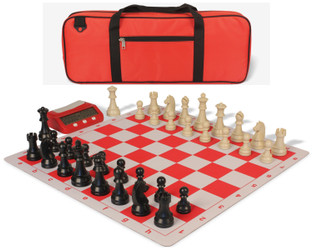 Image of ID 1223126309 German Knight Deluxe Carry-All Plastic Chess Set Black & Aged Ivory Pieces with Clock & Lightweight Floppy Board - Red