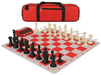 Image of ID 1223126373 Executive Large Carry-All Plastic Chess Set Black & Ivory Pieces with Clock & Lightweight Floppy Board - Red