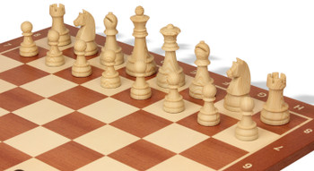 Image of ID 1227499426 German Knight Plastic Chess Set Wood Grain Pieces with Sunrise Mahogany Notated Board - 375" King