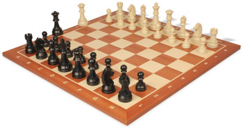 Image of ID 1227499435 German Knight Plastic Chess Set Black & Aged Ivory Pieces with Sunrise Mahogany Notated Board - 375" King