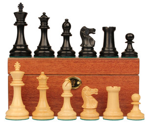 Image of ID 1229103486 British Staunton Chess Set Ebony & Boxwood Pieces with Mahogany Chess Box - 4" King