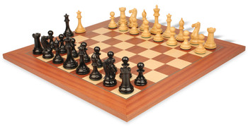 Image of ID 1229757993 New Exclusive Staunton Chess Set in Ebonized Boxwood & Boxwood with Mahogany & Maple Deluxe Chess Board - 35" King