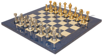 Image of ID 1230644824 Italian Arabesque Staunton Gold & Sliver Chess Set With Blue Ash Burl & Erable High Gloss Chess Board