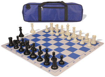 Image of ID 1234770369 Conqueror Carry-All Plastic Chess Set Black & Ivory Pieces with Lightweight Floppy Board - Royal Blue