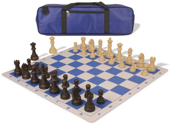 Image of ID 1234770371 German Knight Carry-All Plastic Chess Set Brown & Natural Wood Grain Pieces with Lightweight Floppy Board - Royal Blue