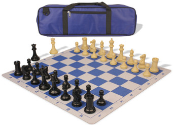 Image of ID 1234770381 Conqueror Carry-All Plastic Chess Set Black & Camel Pieces with Lightweight Floppy Board - Royal Blue