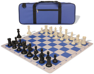 Image of ID 1234770384 Conqueror Deluxe Carry-All Plastic Chess Set Black & Ivory Pieces with Lightweight Floppy Board - Royal Blue