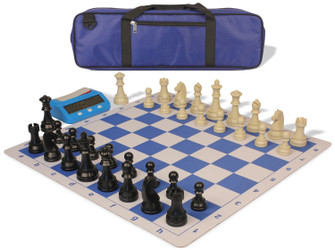 Image of ID 1234770424 German Knight Large Carry-All Plastic Chess Set Black & Aged Ivory Pieces with Clock & Lightweight Floppy Board - Royal Blue