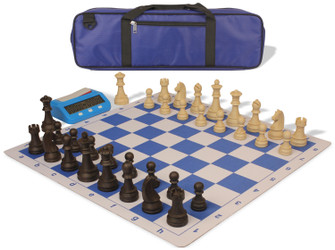 Image of ID 1234770425 German Knight Large Carry-All Plastic Chess Set with Wood Grain Pieces Clock & Lightweight Floppy Board - Royal Blue