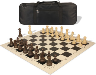 Image of ID 1235535904 German Knight Deluxe Carry-All Plastic Chess Set Wood Grain Pieces with Vinyl Roll-up Board & Bag - Black