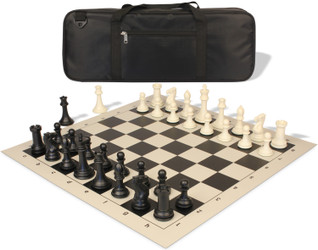 Image of ID 1235535909 Professional Deluxe Carry-All Plastic Chess Set Black & Ivory Pieces with Vinyl Roll-up Board & Bag - Black