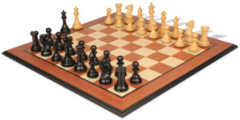 Image of ID 1235708539 New Exclusive Staunton Chess Set Ebonized & Boxwood Pieces with Mahogany & Maple Molded Edge Board - 4" King