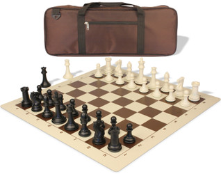Image of ID 1235761241 Professional Deluxe Carry-All Plastic Chess Set Black & Ivory Pieces with Vinyl Roll-up Board & Bag - Brown