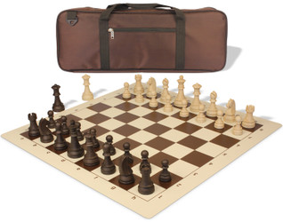 Image of ID 1235761246 German Knight Deluxe Carry-All Plastic Chess Set Wood Grain Pieces with Vinyl Roll-up Board & Bag - Brown