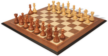 Image of ID 1238948411 Fierce Knight Staunton Chess Set Acacia & Boxwood Pieces with Walnut & Maple Molded Edge Board - 4" King
