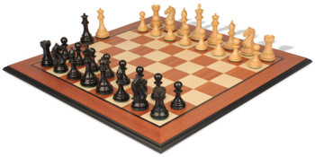 Image of ID 1239508817 Fierce Knight Staunton Chess Set Ebonized & Boxwood Pieces with Mahogany & Maple Molded Edge Board - 3" King