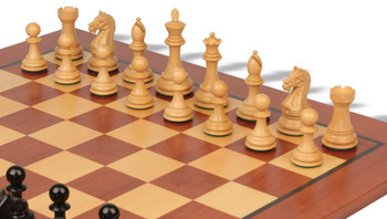 Image of ID 1239508828 Fierce Knight Staunton Chess Set Ebonized & Boxwood Pieces with Classic Mahogany Board - 3" King