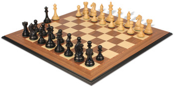 Image of ID 1239508838 Fierce Knight Staunton Chess Set Ebonized & Boxwood Pieces with Walnut & Maple Molded Edge Board - 3" King