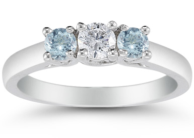 Image of ID 1247851116 Three Stone Diamond and Aquamarine Ring 14K White Gold