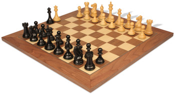 Image of ID 1250104463 New Exclusive Staunton Chess Set Ebonized & Boxwood Pieces with Walnut & Maple Deluxe Board - 35" King