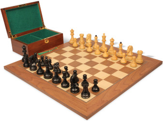 Image of ID 1250104474 Dubrovnik Staunton Chess Set Ebonized & Boxwood Pieces with Walnut & Maple Deluxe Board & Box - 39" King