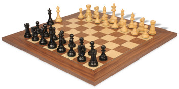 Image of ID 1250104486 British Staunton Chess Set Ebony & Boxwood Pieces with Walnut & Maple Deluxe Board - 4" King