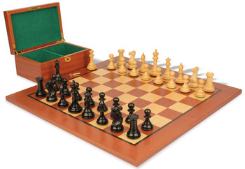 Image of ID 1252283748 New Exclusive Staunton Chess Set Ebonized & Boxwood Pieces with Classic Mahogany Board & Box - 3" King