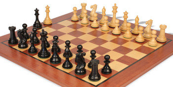 Image of ID 1252283755 New Exclusive Staunton Chess Set Ebonized & Boxwood Pieces with Classic Mahogany Board  - 3" King