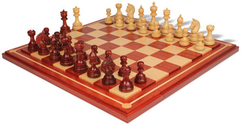 Image of ID 1254542624 Chetak Staunton Chess Set in Padauk & Boxwood with Padauk & Maple Mission Craft Chess Board