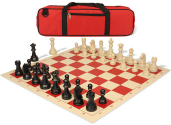 Image of ID 1260562491 German Knight Large Carry-All Plastic Chess Set Black & Aged Ivory Pieces with Roll-up Vinyl Board & Bag - Red