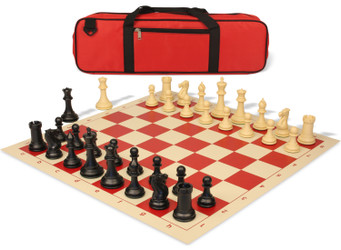 Image of ID 1260562493 Conqueror Carry-All Plastic Chess Set Black & Camel Pieces with Rollup Board - Red