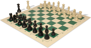 Image of ID 1267551545 German Knight Deluxe Carry-All Plastic Chess Set Black & Aged Ivory Pieces with Roll-up Vinyl Board & Bag - Lime Green