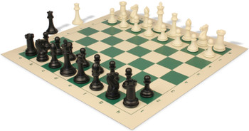 Image of ID 1267551549 Professional Deluxe Carry-All Plastic Chess Set Black & Ivory Pieces with Vinyl Roll-up Board & Bag - Lime Green