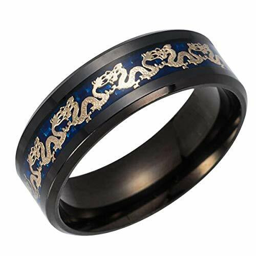 Image of ID 1269469120 8mm - Unisex or Men's Tungsten Wedding Band Chinese Dragon Black Ring Band with Gold Dragon Over Blue Carbon Fiber Inlay
